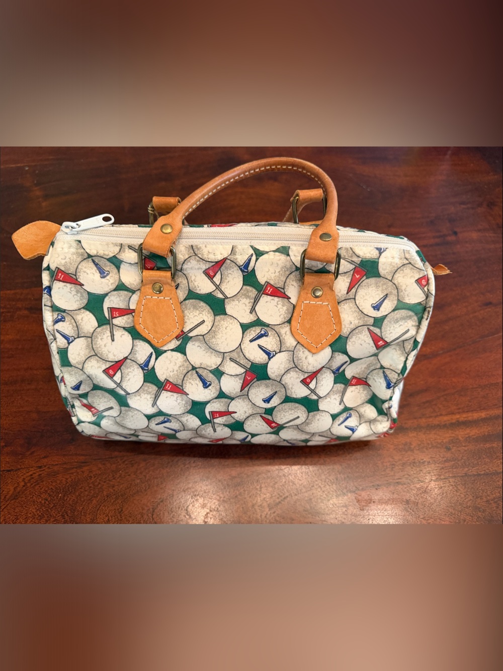 Golf Ball Pattern Canvas Satchel with Tan Leather Handles